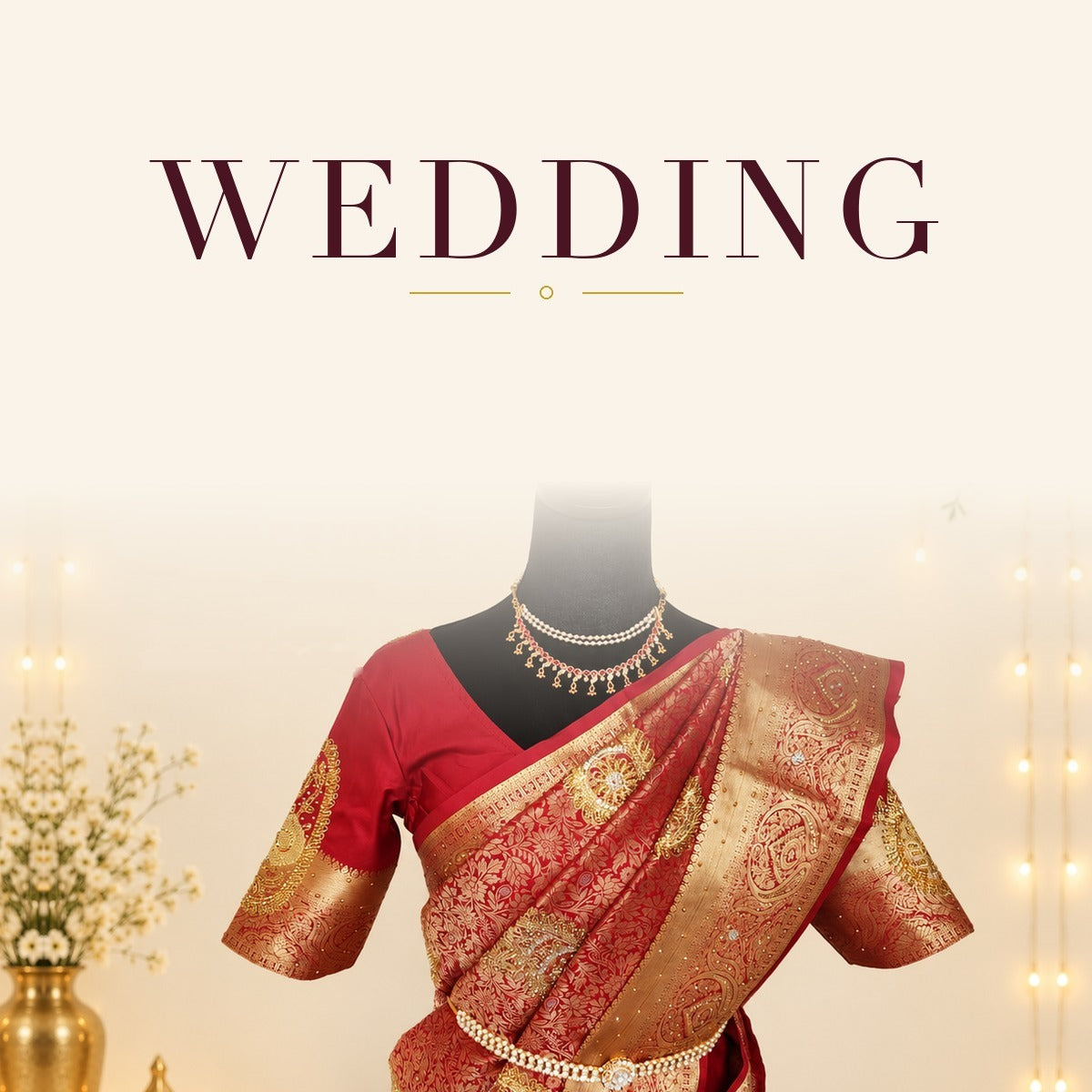 Wedding Collection: red and gold silk saree with pearl necklace and waist chain on a mannequin