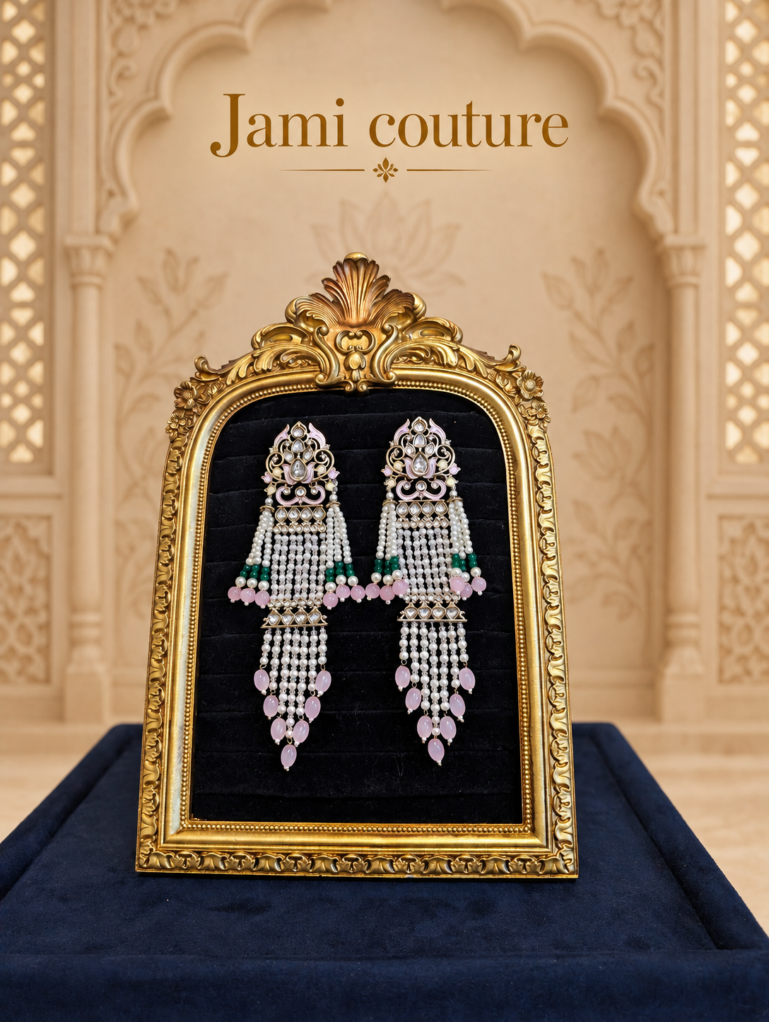 Pink Meenakari Pearl Chandelier Earrings with Kundan & Green Bead Detailing | Long Statement Earrings