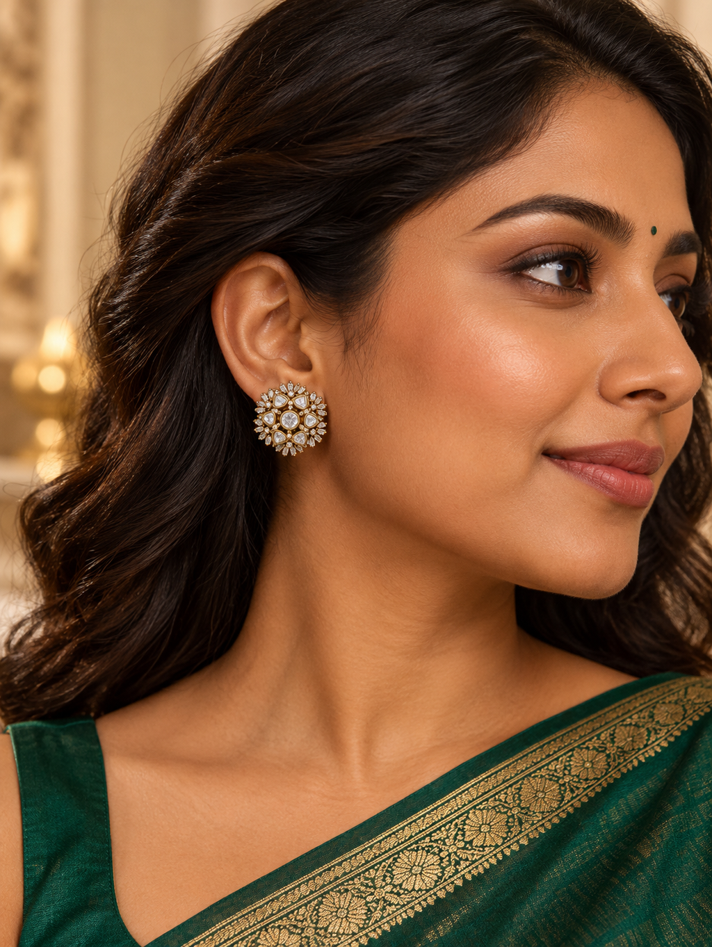 Polki Floral Starburst Stud Earrings with CZ Detailing | Rajwadi Antique Gold Tops