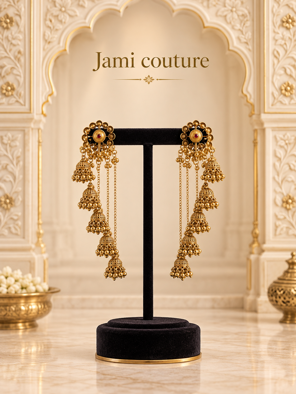 Antique Gold Cascading Jhumka Earrings with Pearl Detailing | Long Statement Earrings