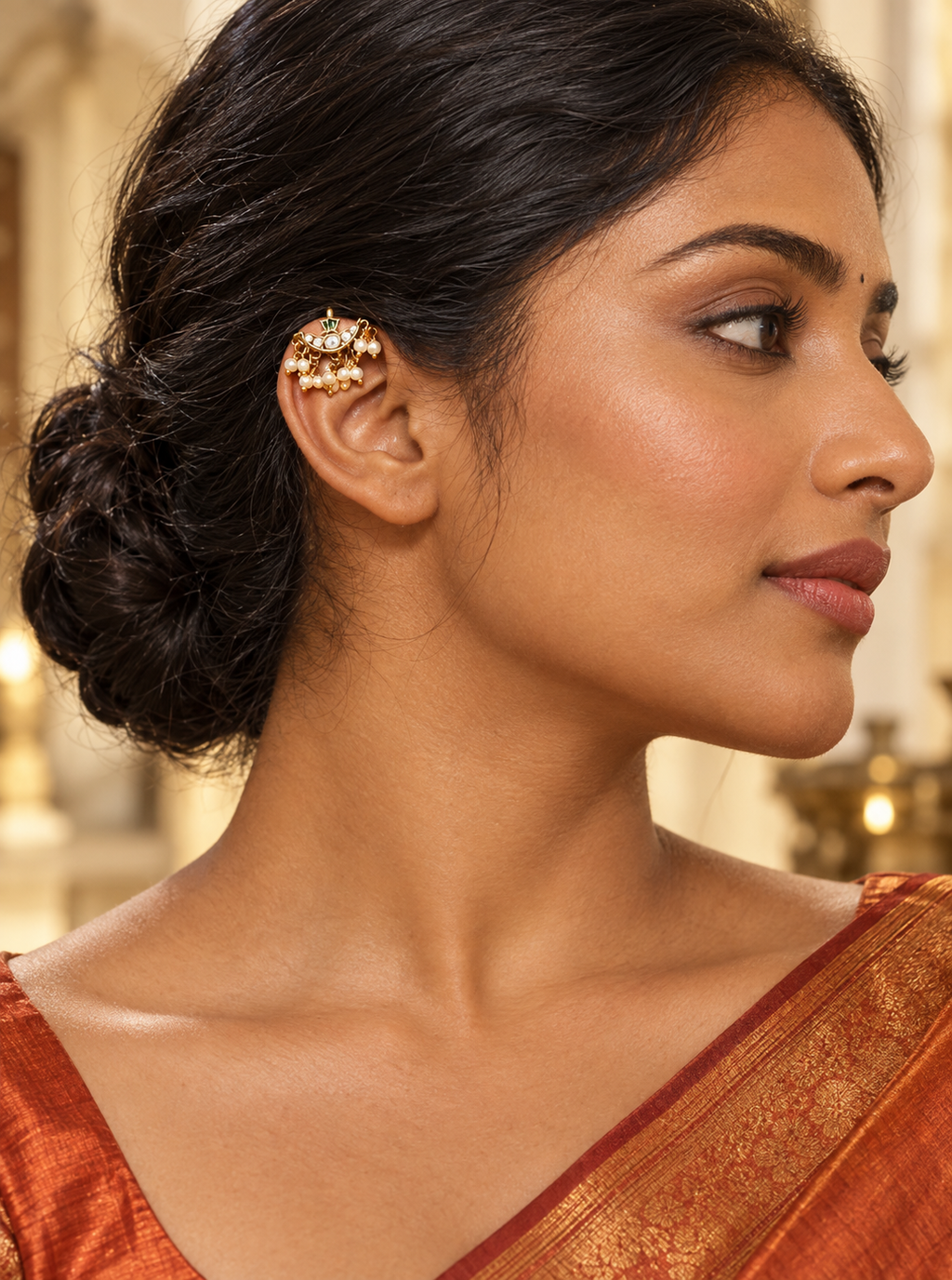 Crescent Moon & Star Ear Cuffs with Emerald, CZ & Pearl Fringe | Gold-Plated