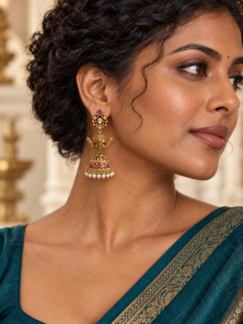 Temple Peacock Jhumka Earrings with Ruby, CZ & Pearl Fringe | Antique Gold