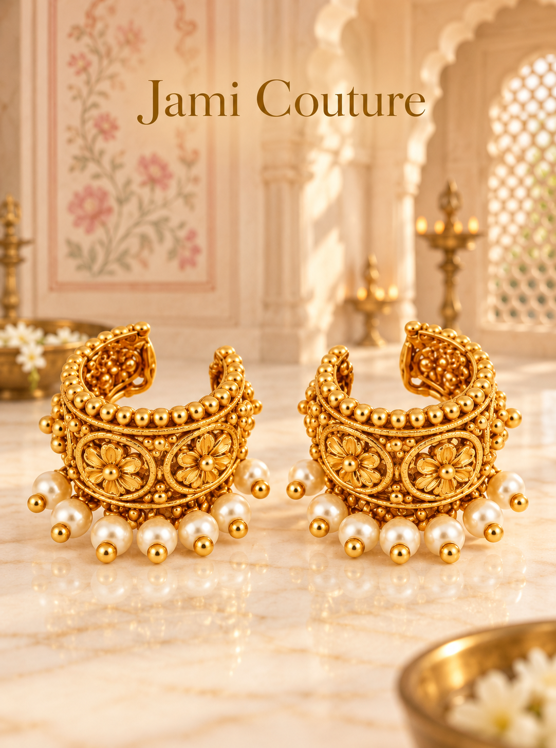 Gold Floral Temple Ear Cuffs with Pearl Fringe | Clip-On Earrings