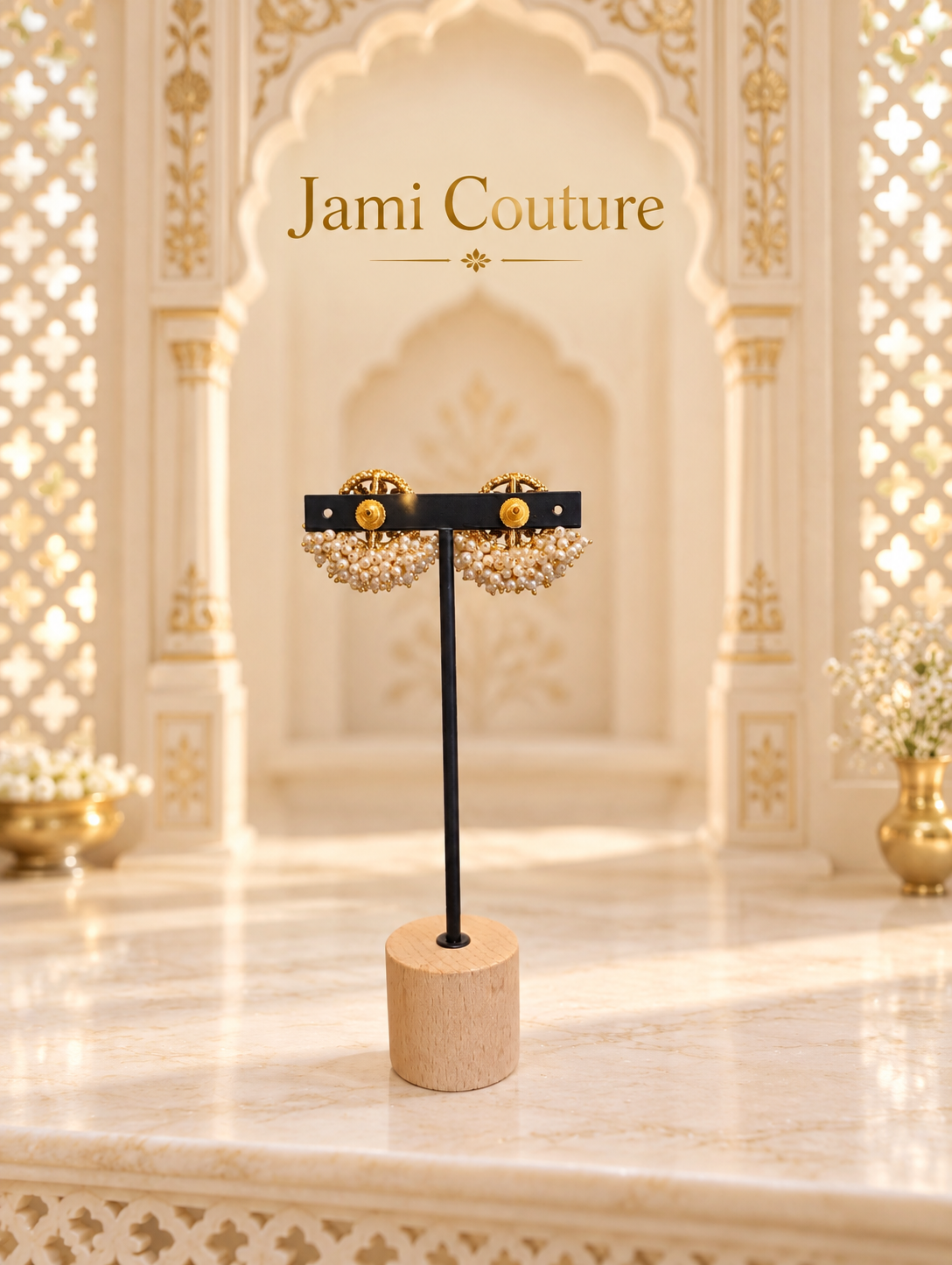 Antique Gold Floral Stud Earrings with Pearl Cluster Fringe | Matte Gold Tops
