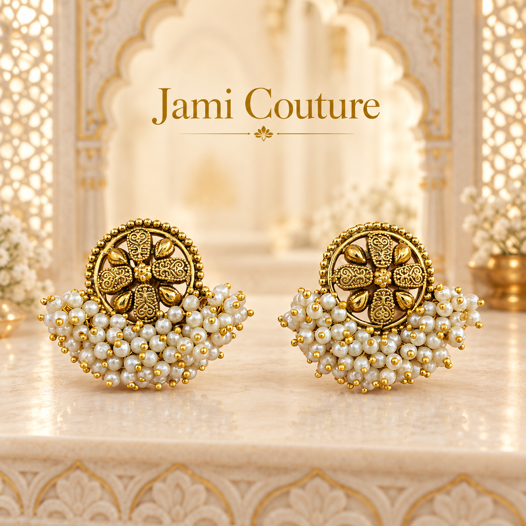 Antique Gold Floral Stud Earrings with Pearl Cluster Fringe | Matte Gold Tops