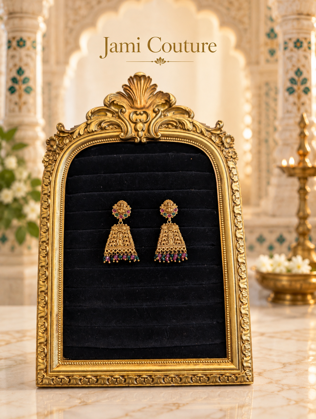 Temple Lakshmi Jhumka Earrings with Ruby, Emerald & Bead Detailing | Antique Matte Gold