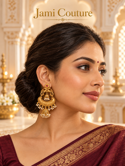 Antique Gold Peacock Chandbali Jhumka Earrings with Pearl Detailing | Matte Gold