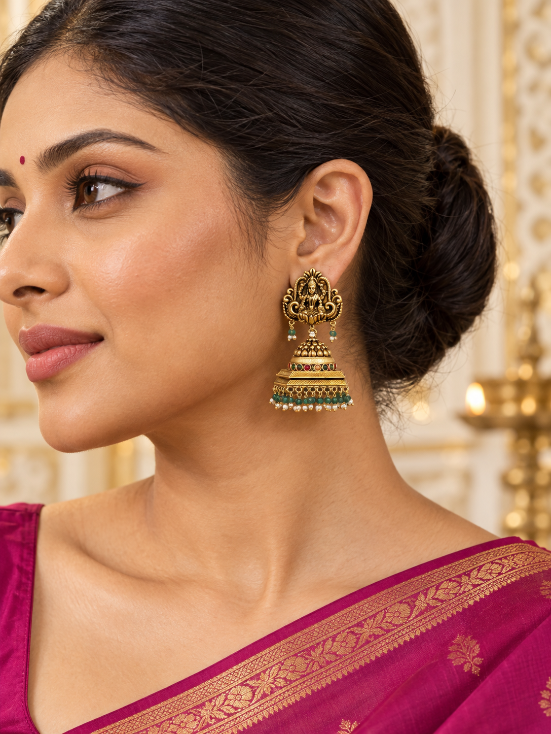 Temple Lakshmi Jhumka Earrings with Ruby, Emerald & Green Bead Detailing | Antique Matte Gold