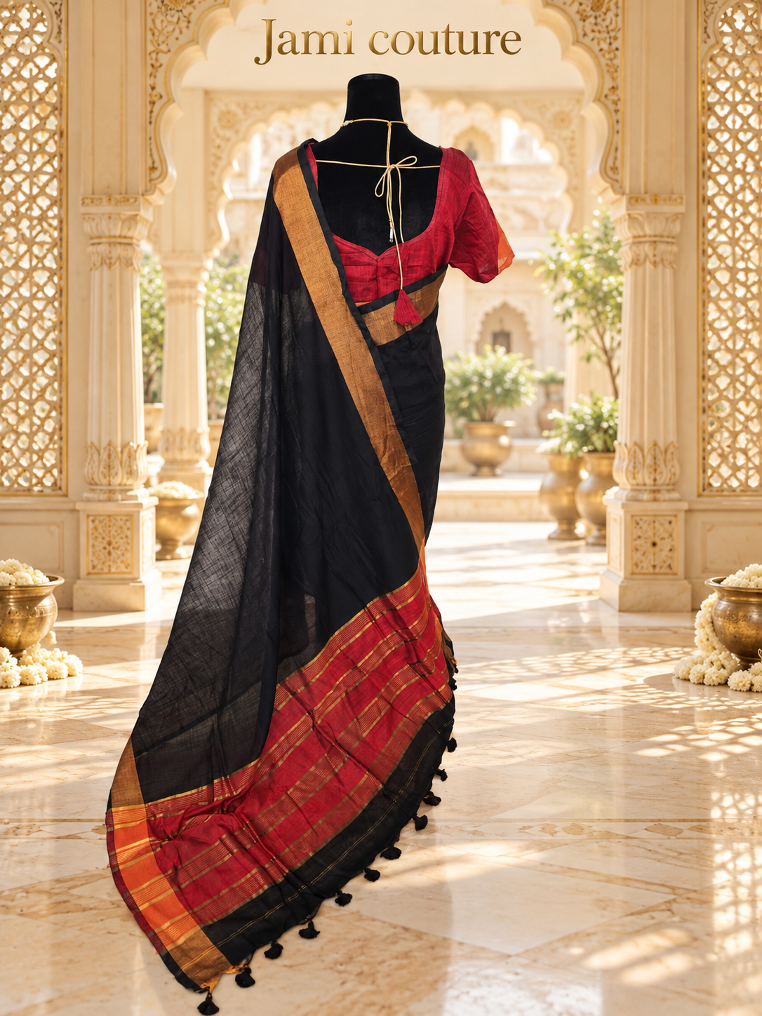 Black & Maroon Premium Khadi Cotton Saree with Copper Zari Border | Red Contrast Blouse