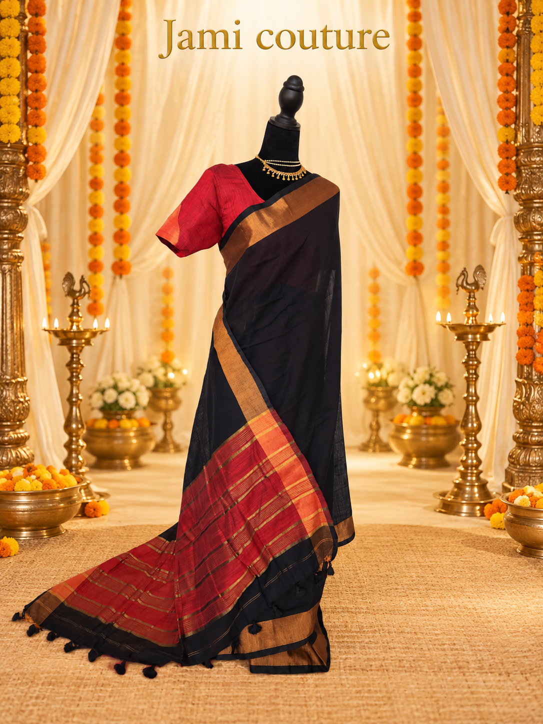 Black & Maroon Premium Khadi Cotton Saree with Copper Zari Border | Red Contrast Blouse