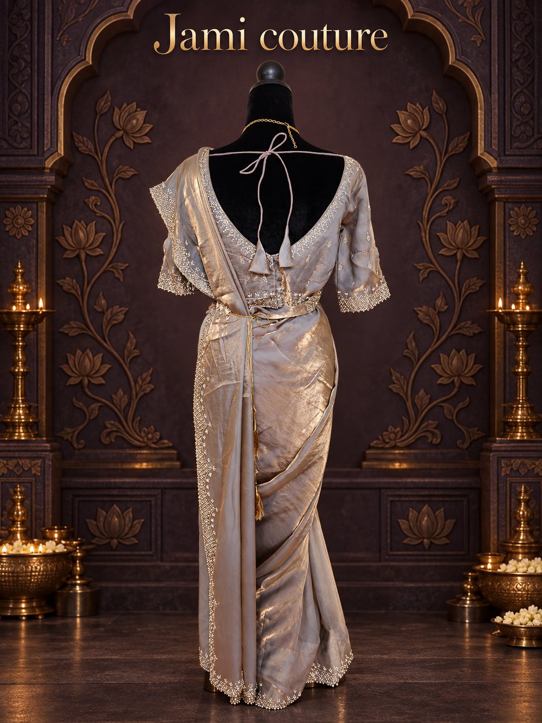 Champagne Gold Velvet Satin Saree with Cutdana & Zarkan Handwork Border | Couture Handwork Blouse