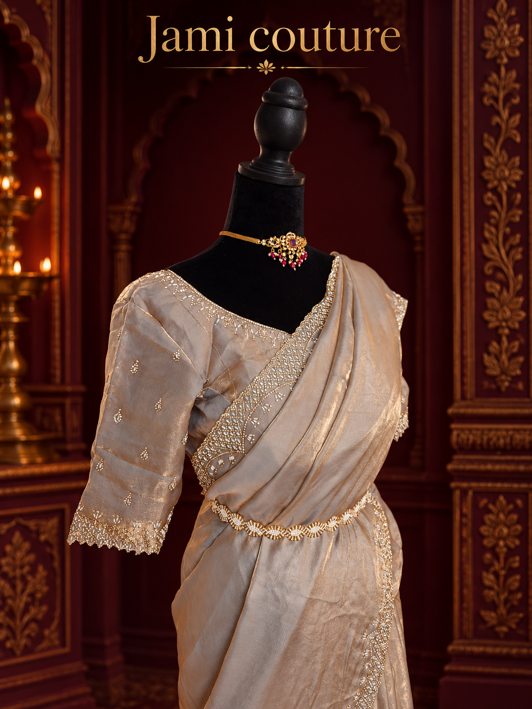 Champagne Gold Velvet Satin Saree with Cutdana & Zarkan Handwork Border | Couture Handwork Blouse