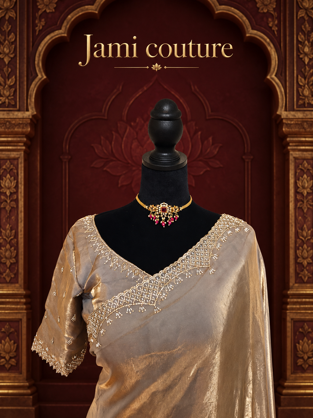 Champagne Gold Velvet Satin Saree with Cutdana & Zarkan Handwork Border | Couture Handwork Blouse