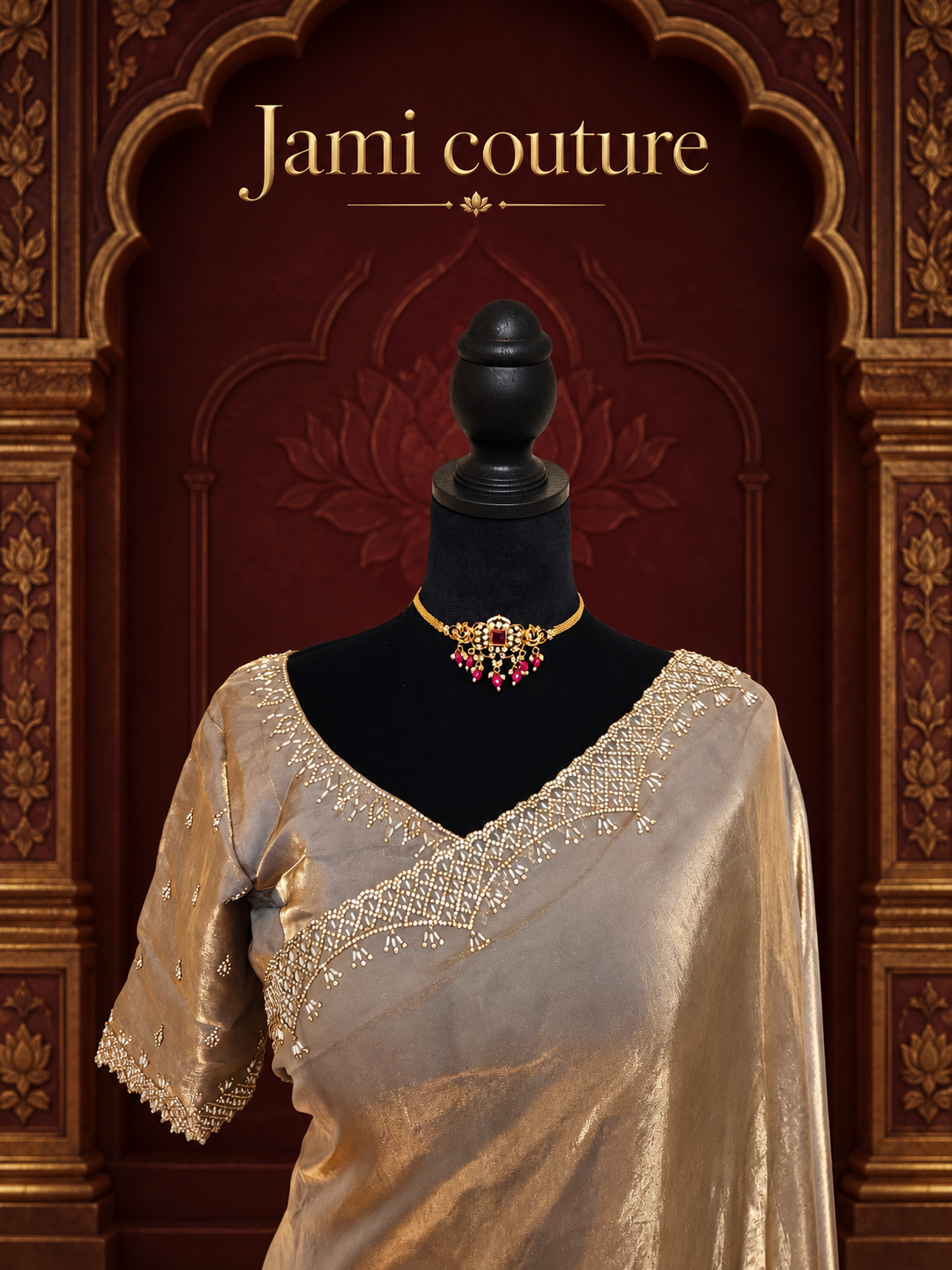 Champagne Gold Velvet Satin Saree with Cutdana & Zarkan Handwork Border | Couture Handwork Blouse