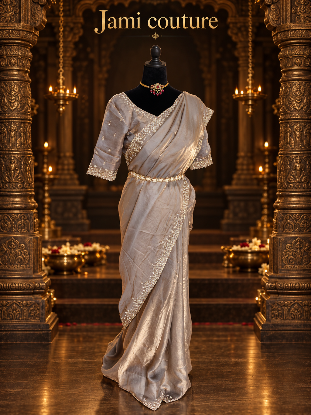 Champagne Gold Velvet Satin Saree with Cutdana & Zarkan Handwork Border | Couture Handwork Blouse