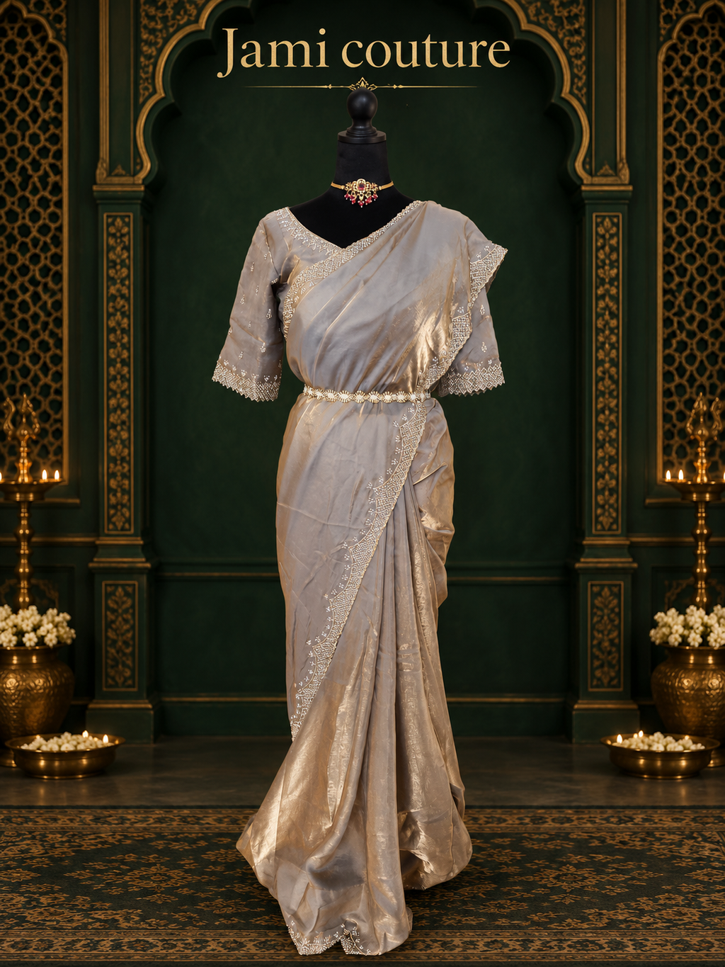 Champagne Gold Velvet Satin Saree with Cutdana & Zarkan Handwork Border | Couture Handwork Blouse