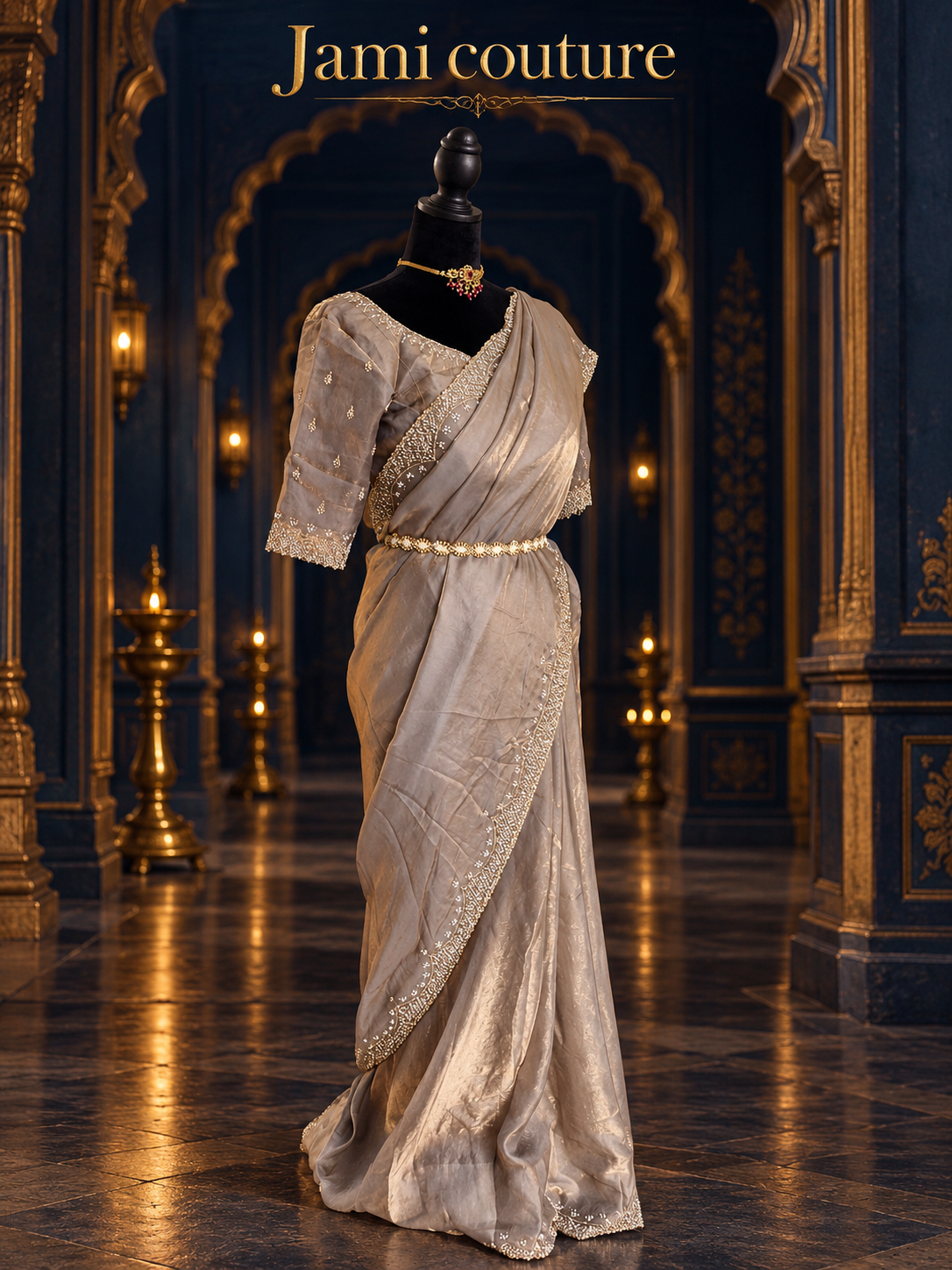 Champagne Gold Velvet Satin Saree with Cutdana & Zarkan Handwork Border | Couture Handwork Blouse