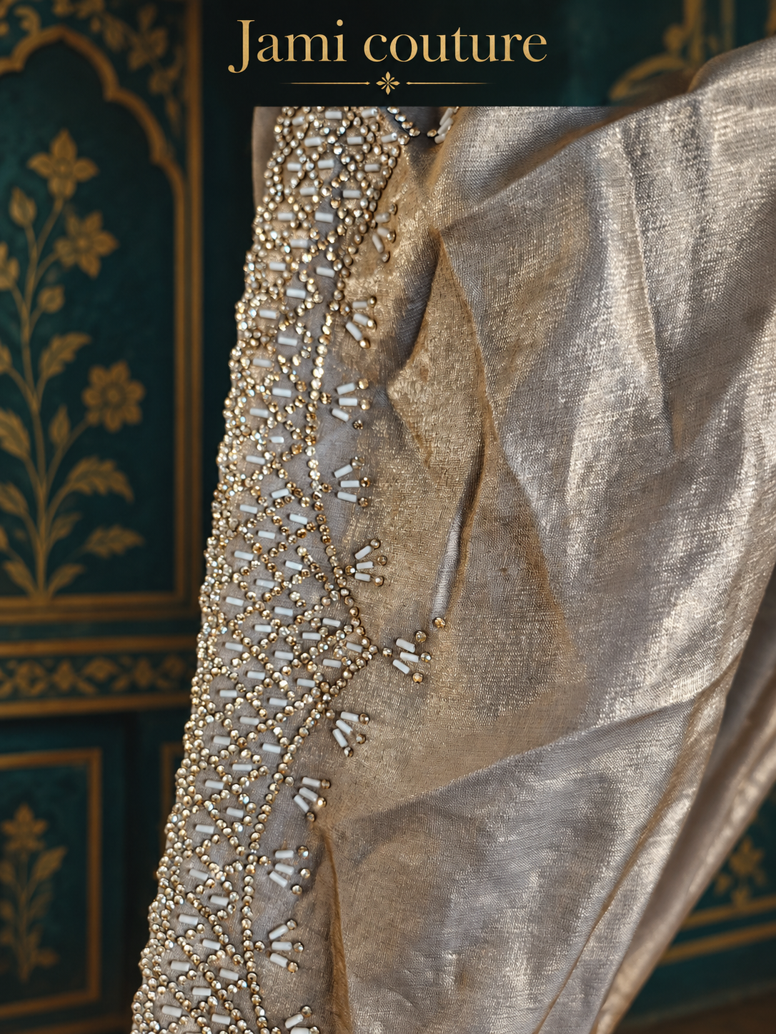 Champagne Gold Velvet Satin Saree with Cutdana & Zarkan Handwork Border | Couture Handwork Blouse