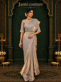 Champagne Gold Velvet Satin Saree with Cutdana & Zarkan Handwork Border | Couture Handwork Blouse