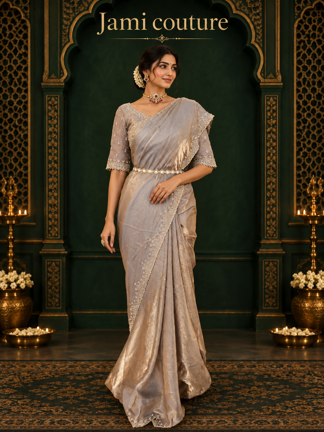 Champagne Gold Velvet Satin Saree with Cutdana & Zarkan Handwork Border | Couture Handwork Blouse