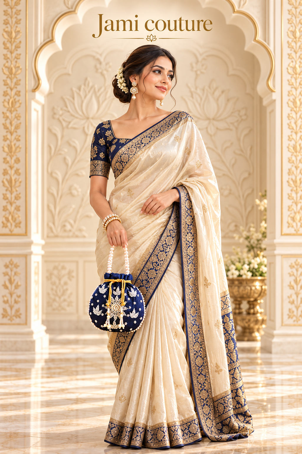 Navy Blue Pearl Beadwork Potli Bag with Floral Embroidery | Pearl Handle Clutch