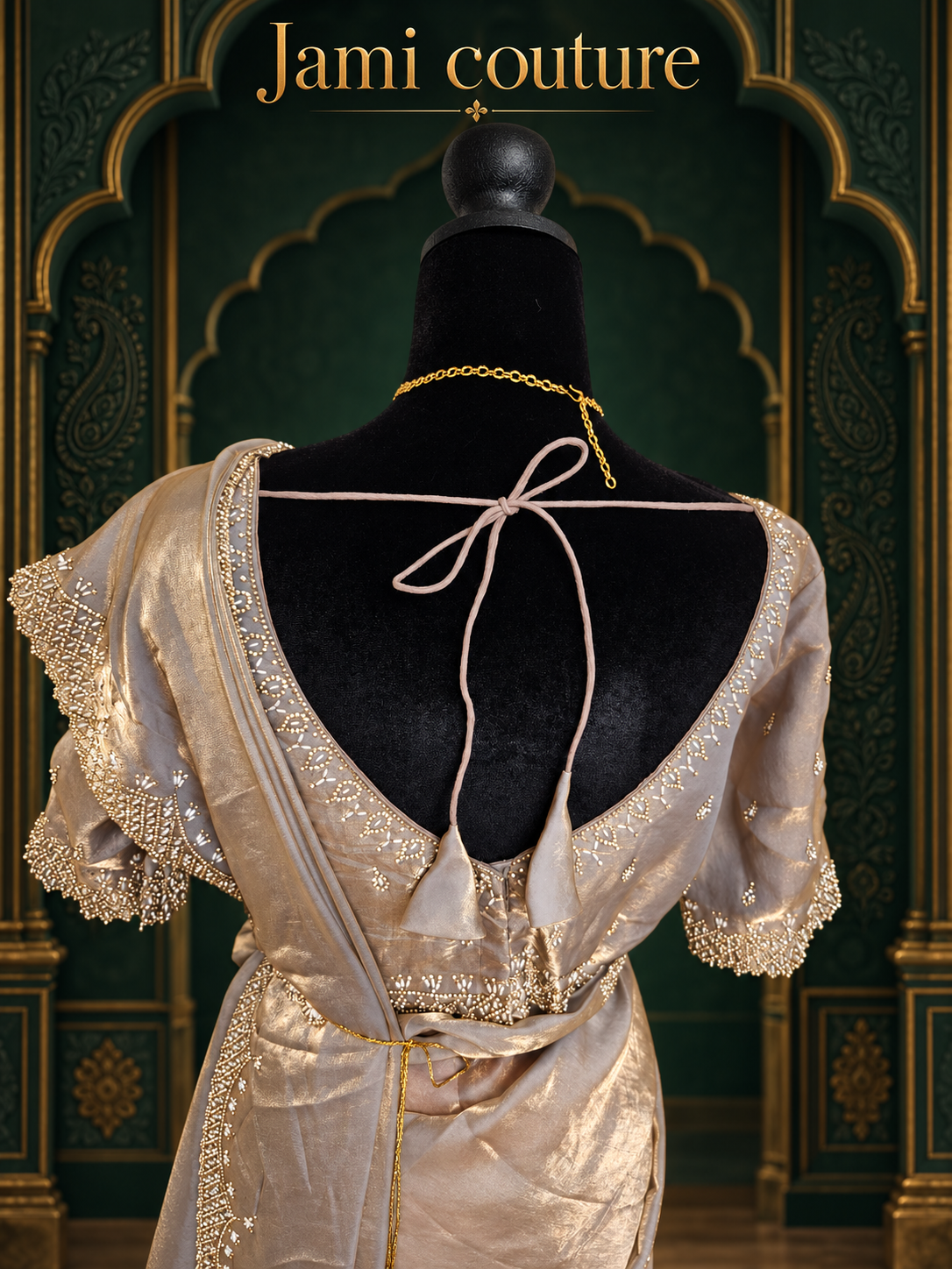 Champagne Gold Velvet Satin Saree with Cutdana & Zarkan Handwork Border | Couture Handwork Blouse