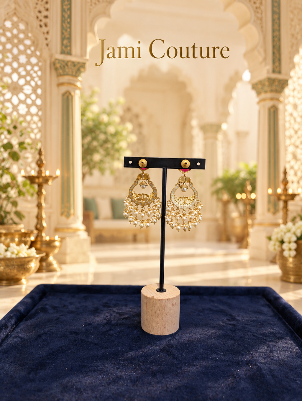 Carved Ruby & Kundan Chandbali Earrings with Pearl Cluster Fringe | Rajwadi Gold