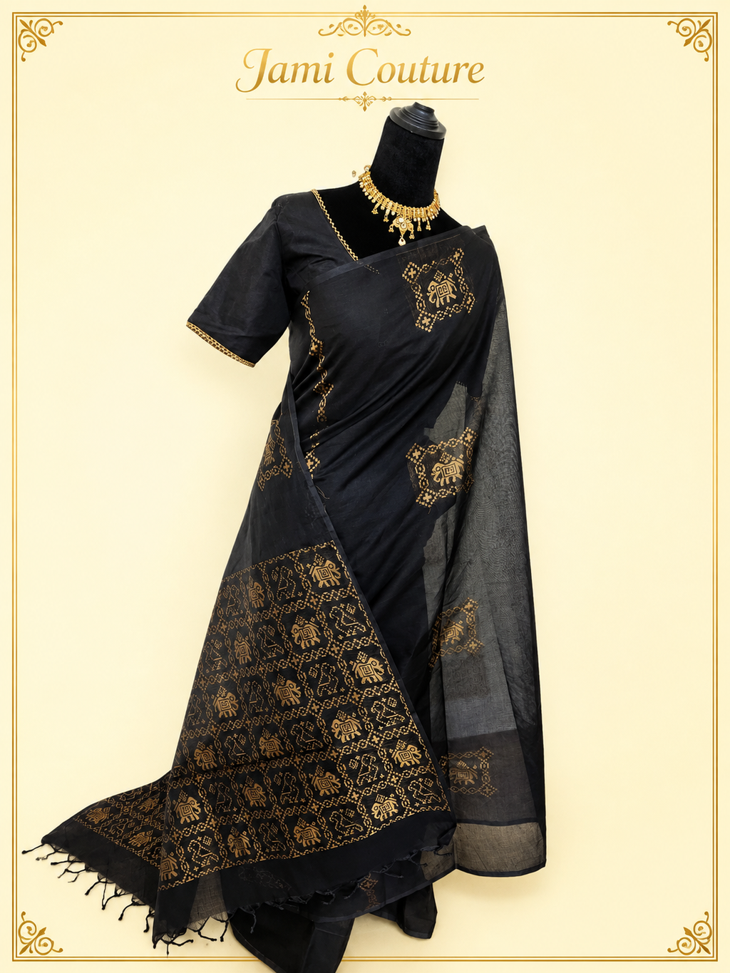 Black Cotton Saree with Antique Gold Patola Print | Elephant Motif Stitched Blouse