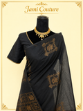 Black Cotton Saree with Antique Gold Patola Print | Elephant Motif Stitched Blouse