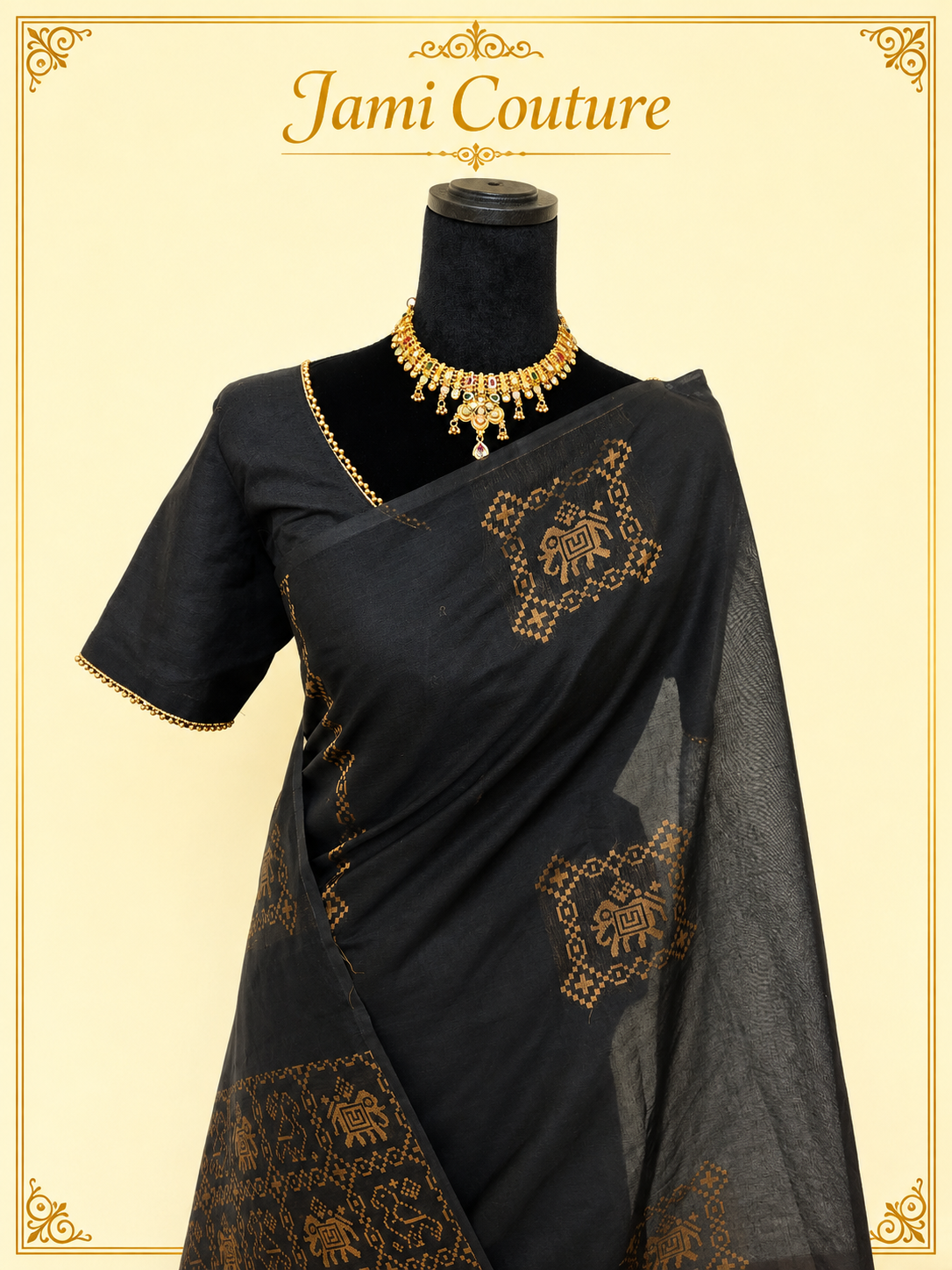 Black Cotton Saree with Antique Gold Patola Print | Elephant Motif Stitched Blouse