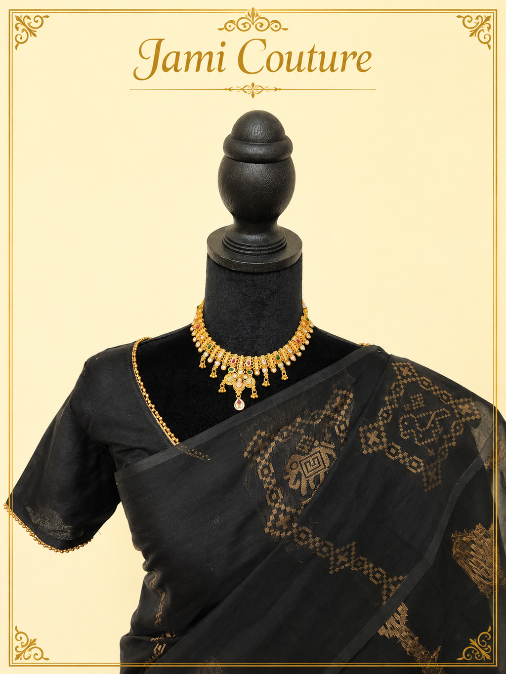 Black Cotton Saree with Antique Gold Patola Print | Elephant Motif Stitched Blouse