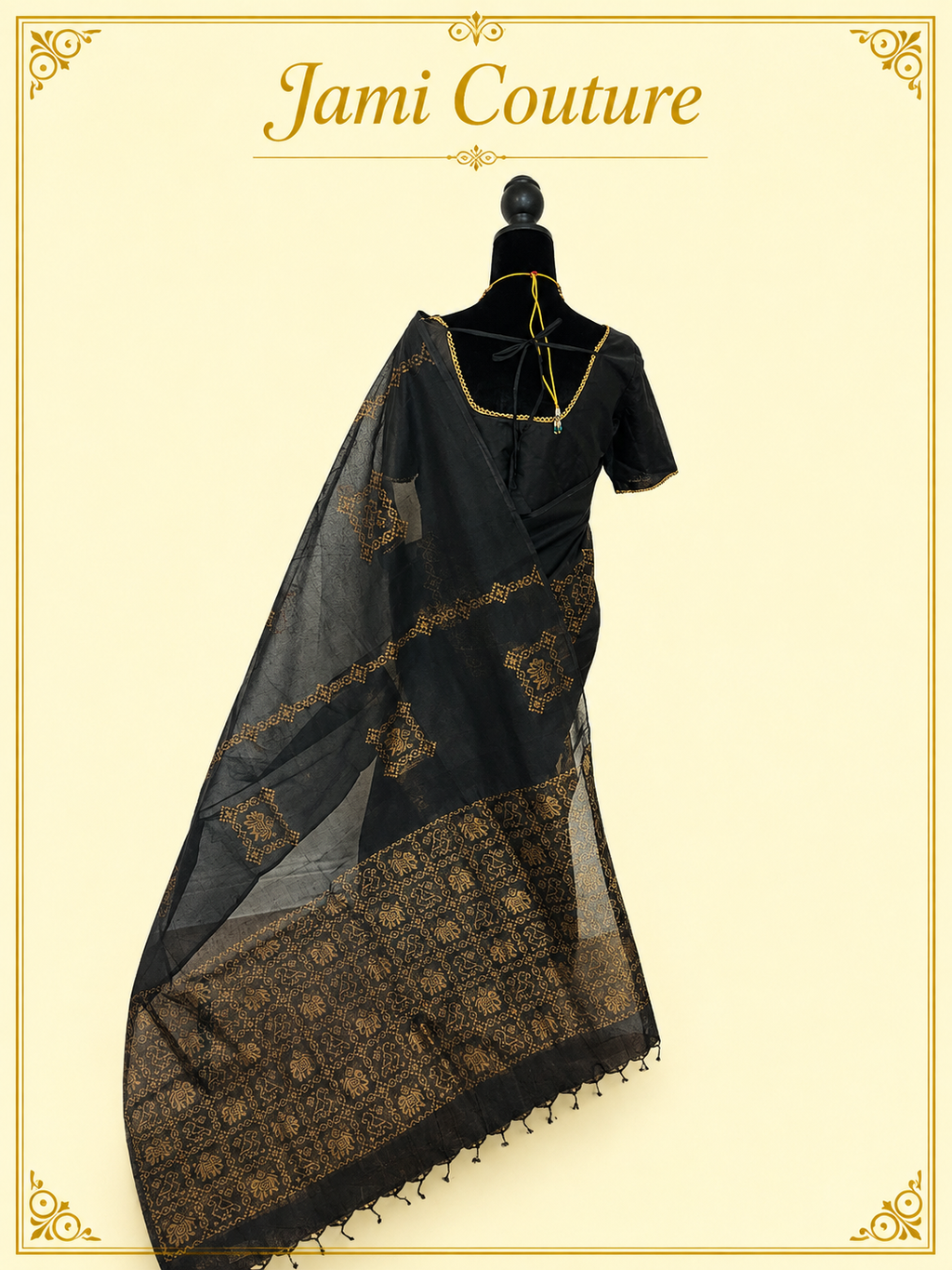 Black Cotton Saree with Antique Gold Patola Print | Elephant Motif Stitched Blouse
