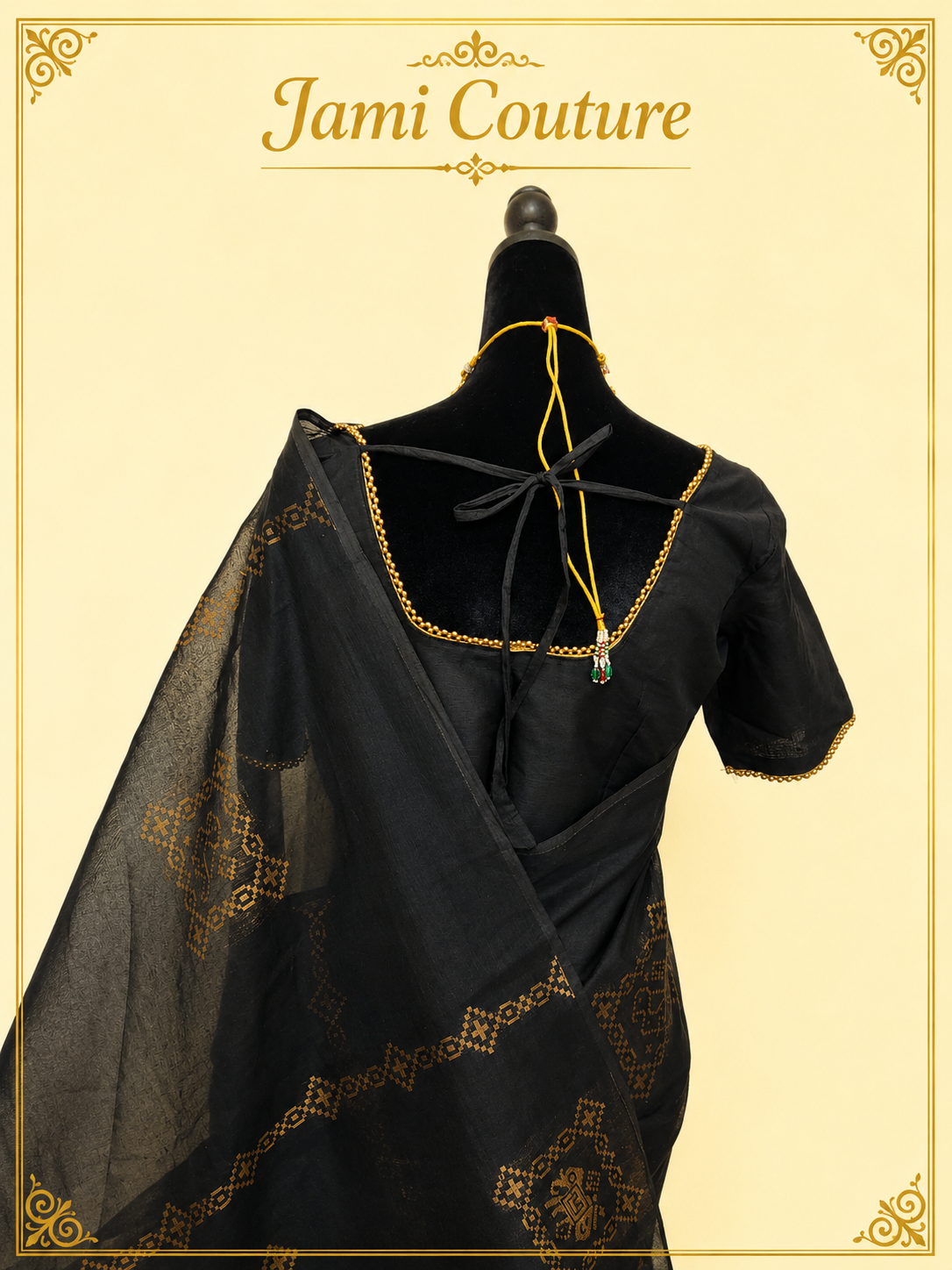 Black Cotton Saree with Antique Gold Patola Print | Elephant Motif Stitched Blouse
