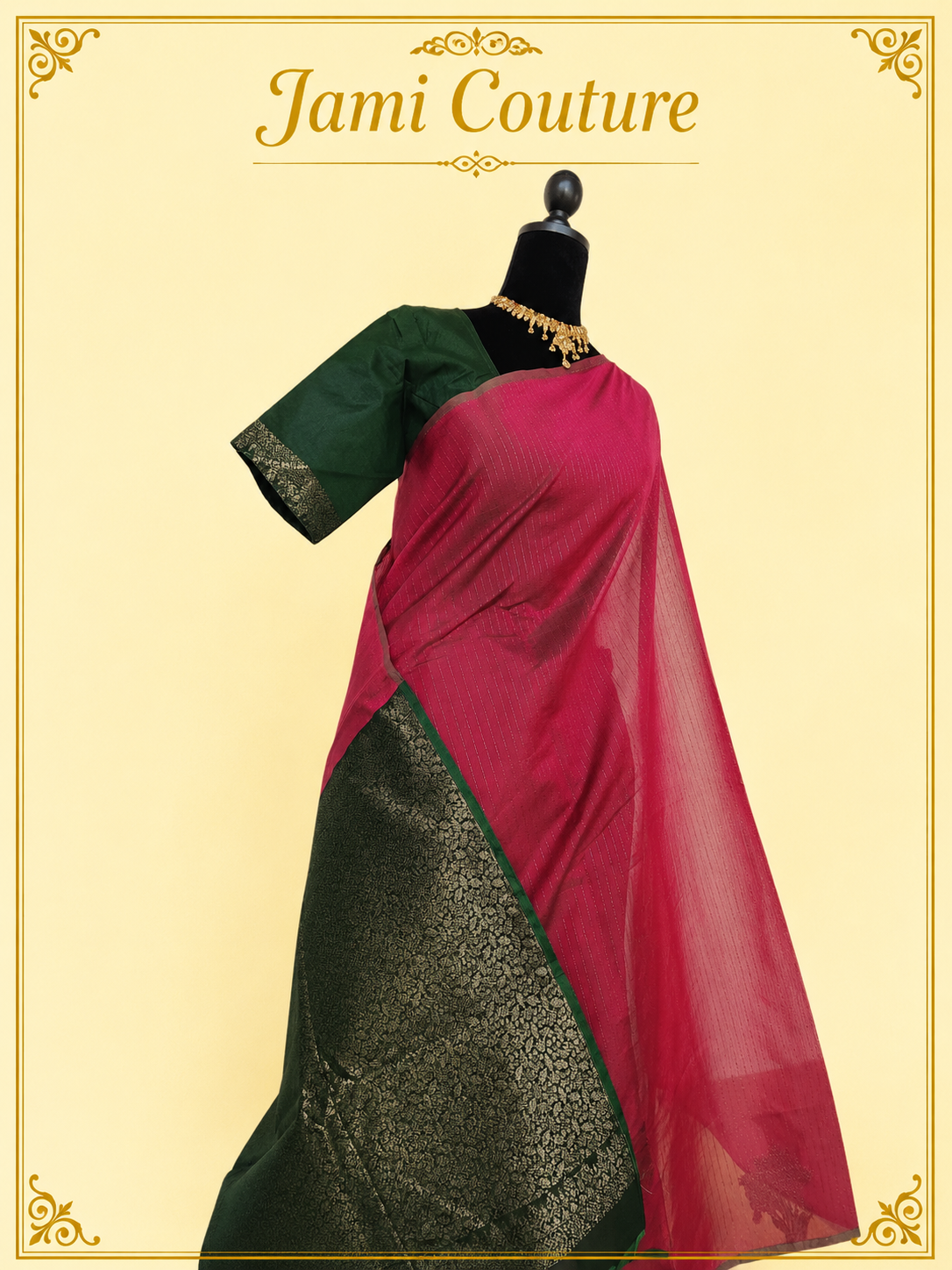 Rani Pink Kanchi Cotton Saree with Silver Zari Stripes & Green Contrast Pallu | Bottle Green Stitched Blouse
