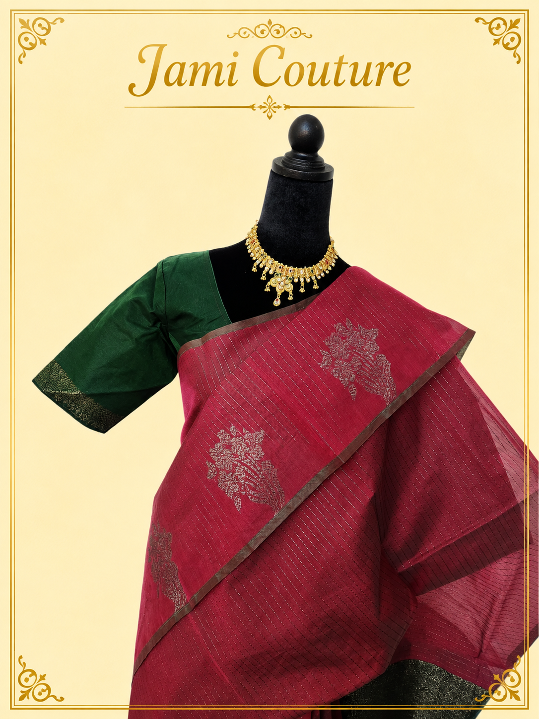 Rani Pink Kanchi Cotton Saree with Silver Zari Stripes & Green Contrast Pallu | Bottle Green Stitched Blouse