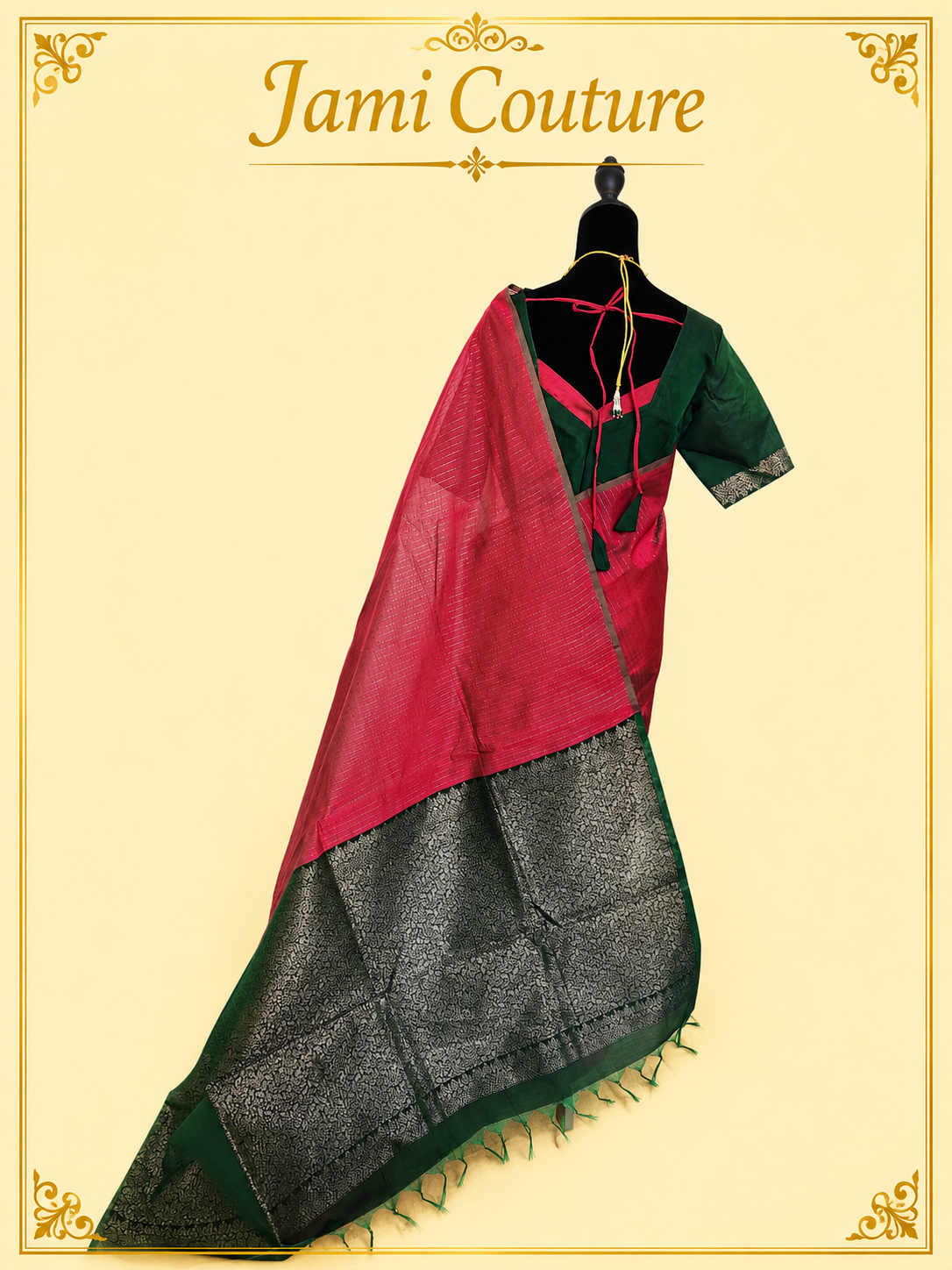 Rani Pink Kanchi Cotton Saree with Silver Zari Stripes & Green Contrast Pallu | Bottle Green Stitched Blouse