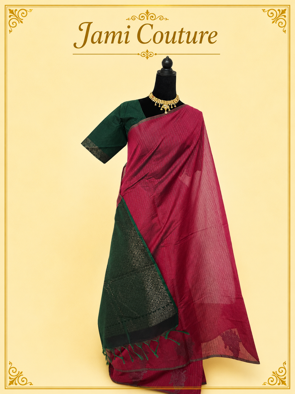 Rani Pink Kanchi Cotton Saree with Silver Zari Stripes & Green Contrast Pallu | Bottle Green Stitched Blouse