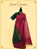 Rani Pink Kanchi Cotton Saree with Silver Zari Stripes & Green Contrast Pallu | Bottle Green Stitched Blouse