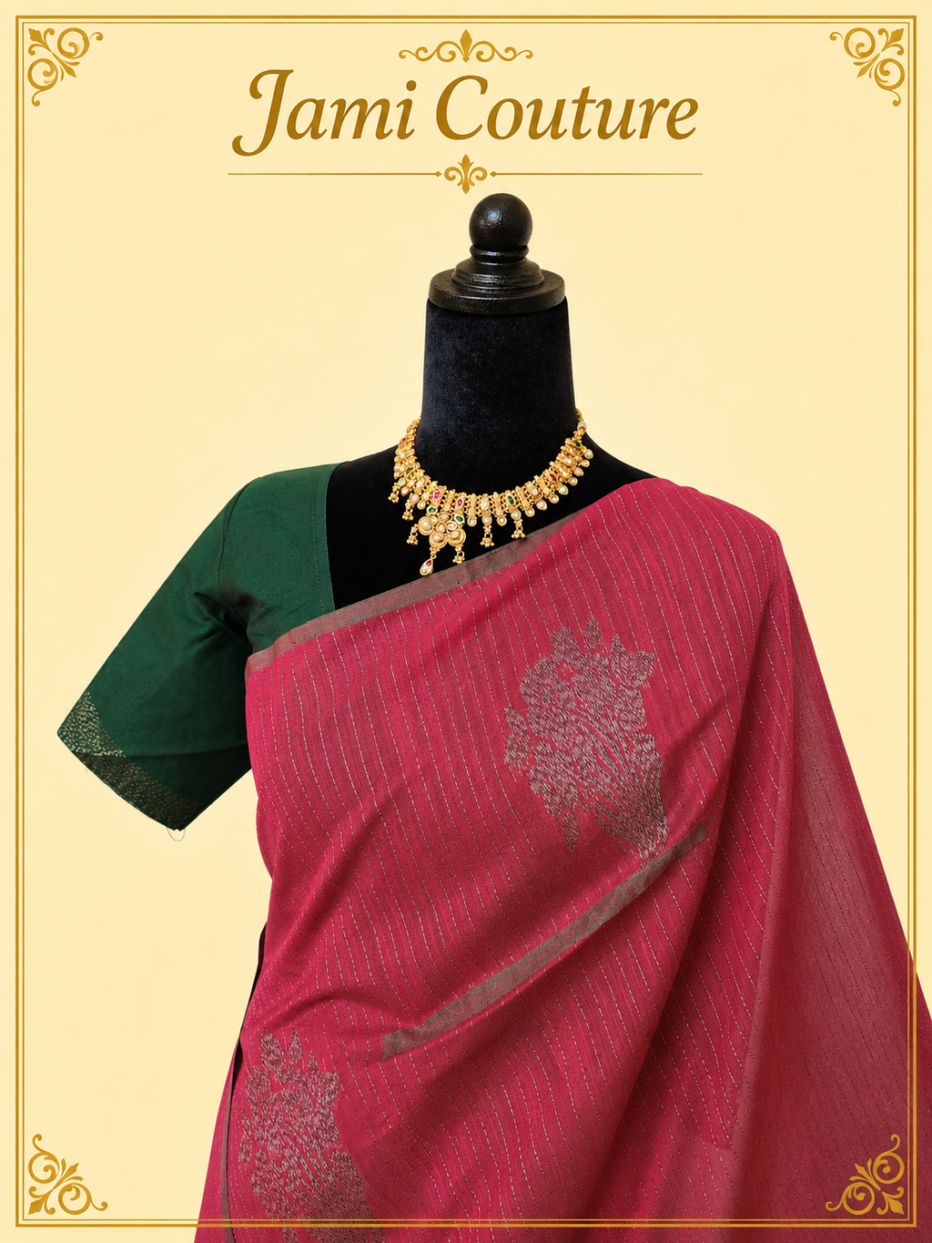 Rani Pink Kanchi Cotton Saree with Silver Zari Stripes & Green Contrast Pallu | Bottle Green Stitched Blouse
