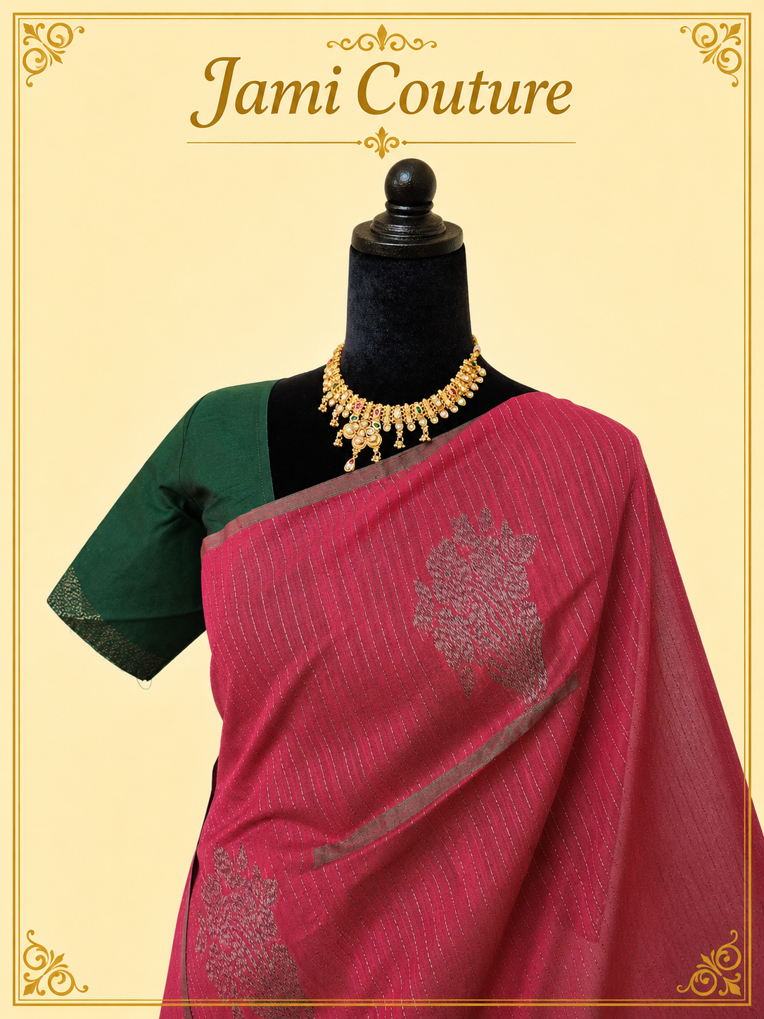 Rani Pink Kanchi Cotton Saree with Silver Zari Stripes & Green Contrast Pallu | Bottle Green Stitched Blouse