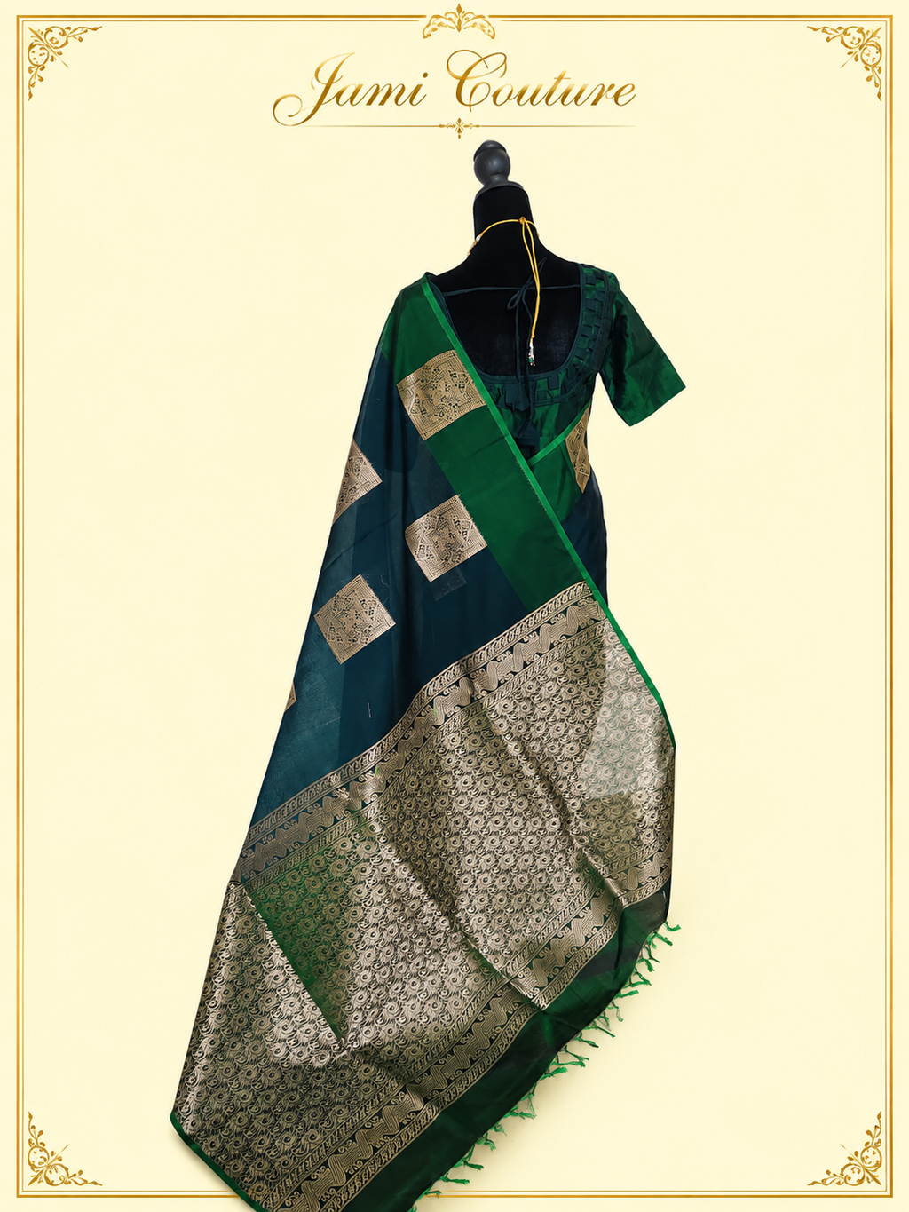 Bottle Green Kanchi Cotton Saree with Gold Zari Brocade | Traditional Buttis & Stitched Blouse
