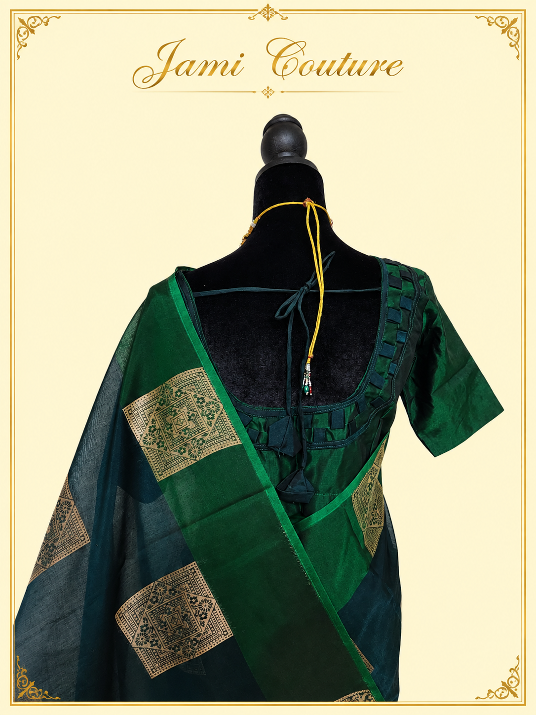Bottle Green Kanchi Cotton Saree with Gold Zari Brocade | Traditional Buttis & Stitched Blouse