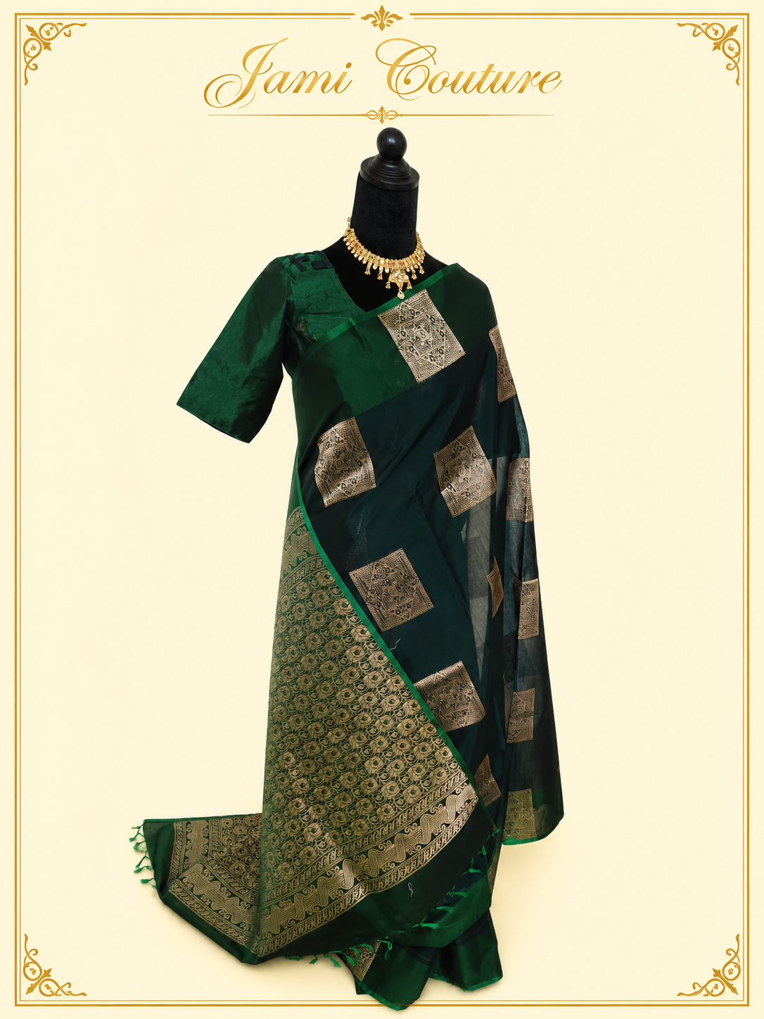Bottle Green Kanchi Cotton Saree with Gold Zari Brocade | Traditional Buttis & Stitched Blouse