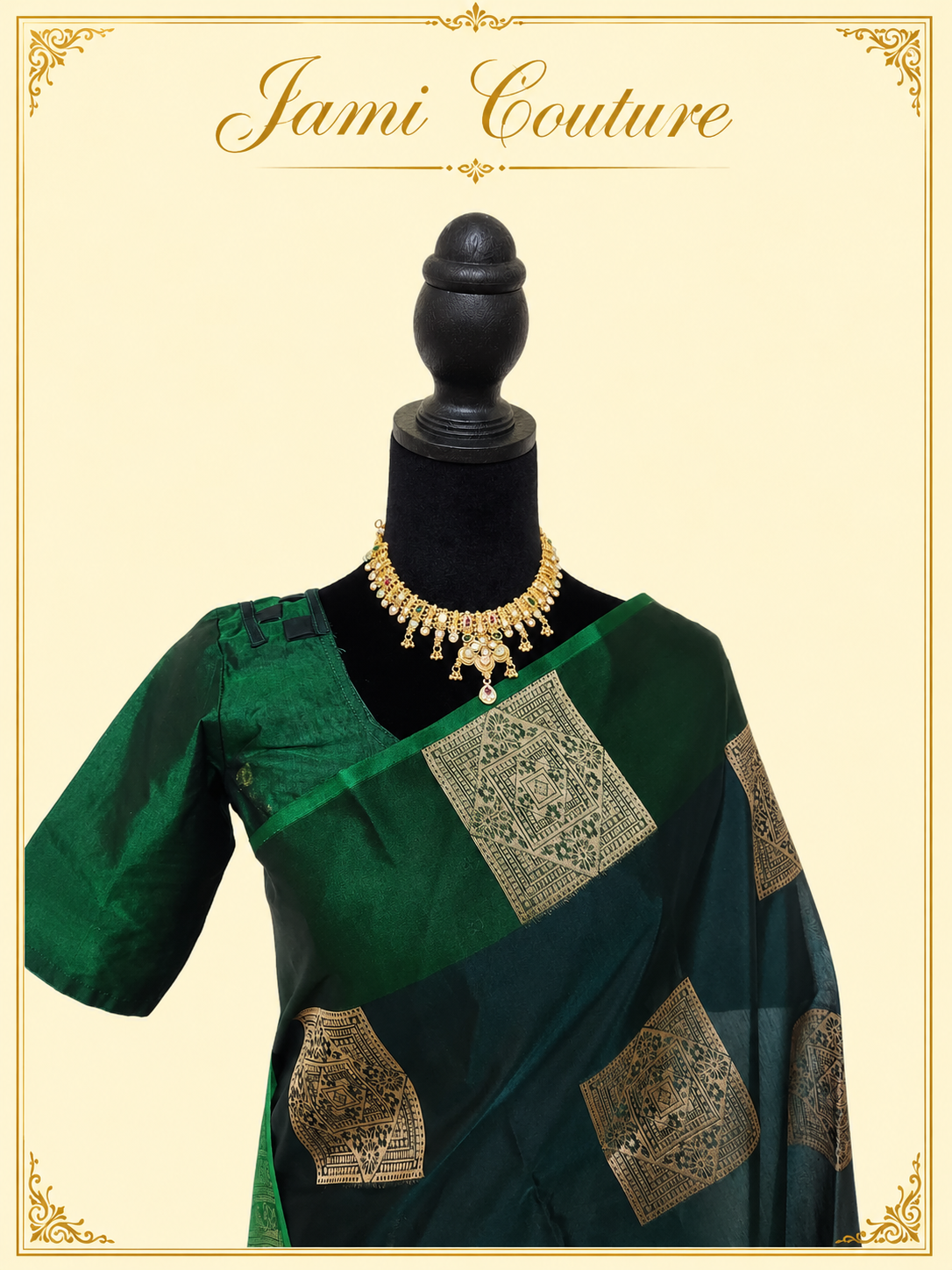 Bottle Green Kanchi Cotton Saree with Gold Zari Brocade | Traditional Buttis & Stitched Blouse