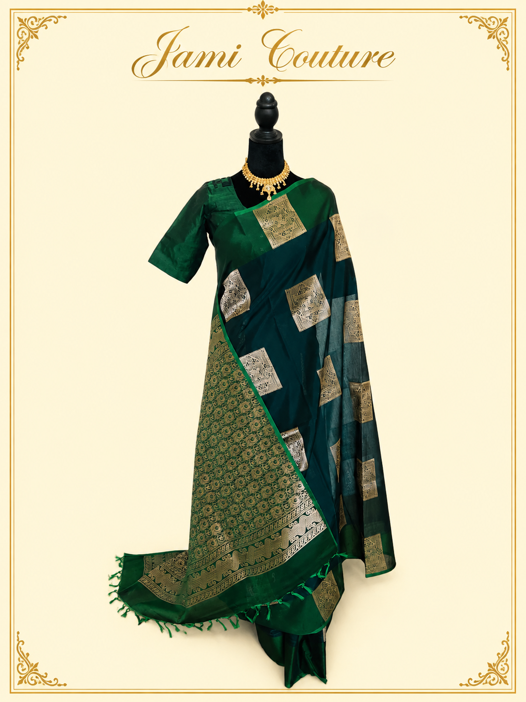 Bottle Green Kanchi Cotton Saree with Gold Zari Brocade | Traditional Buttis & Stitched Blouse
