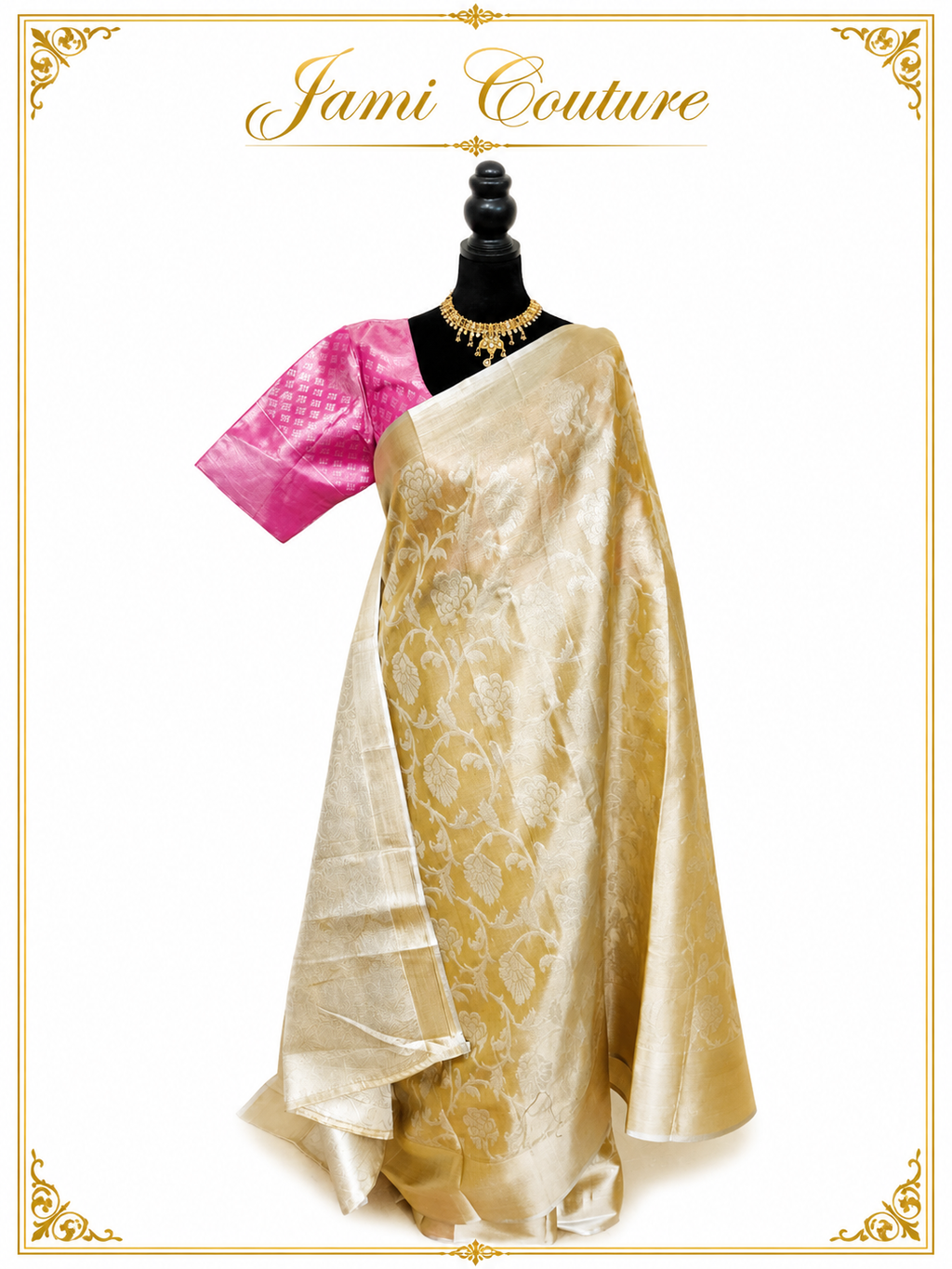 Gold Tissue Silk Saree with Floral Zari Weave | Pink Ikat Contrast Stitched Blouse