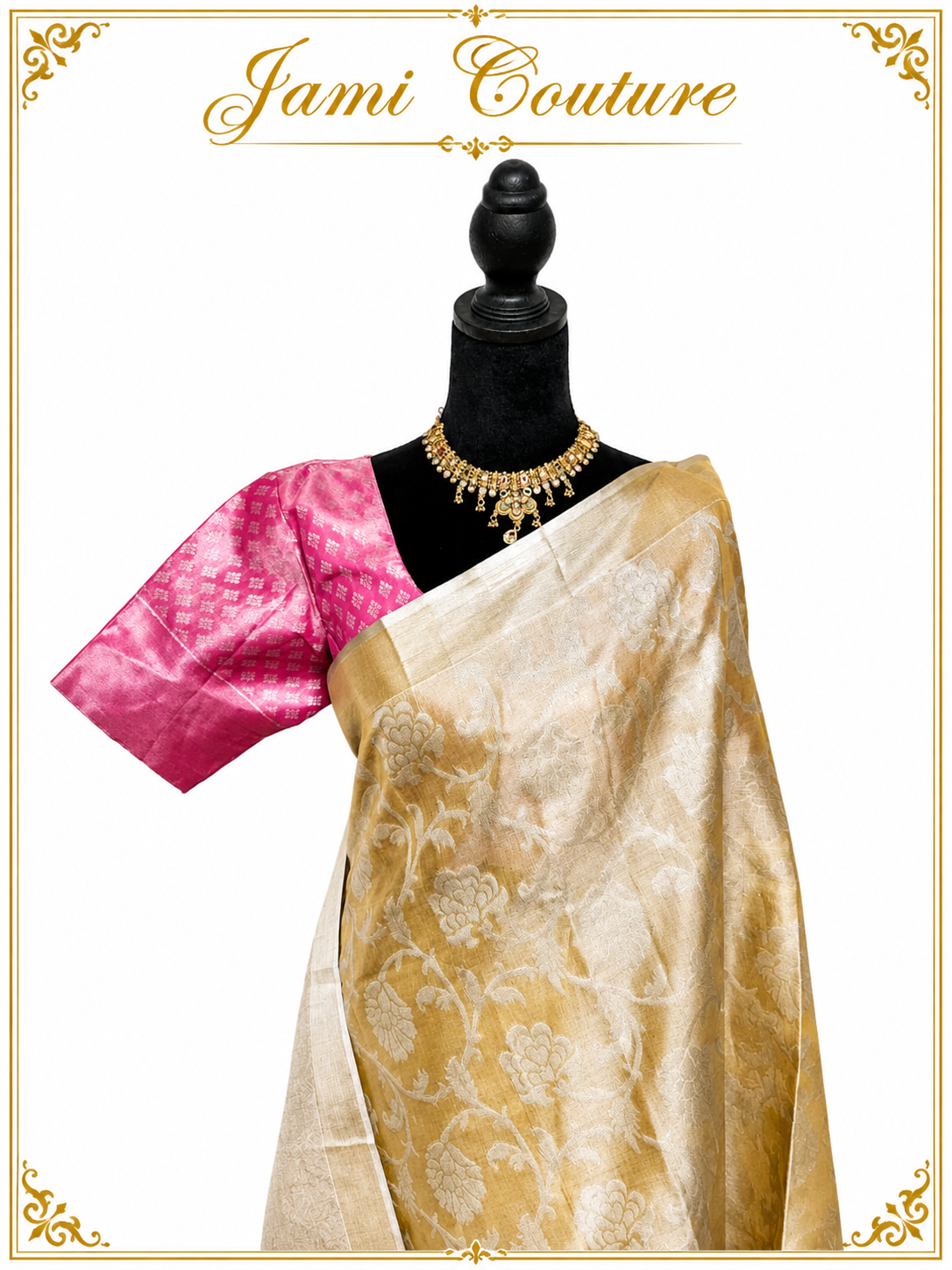 Gold Tissue Silk Saree with Floral Zari Weave | Pink Ikat Contrast Stitched Blouse