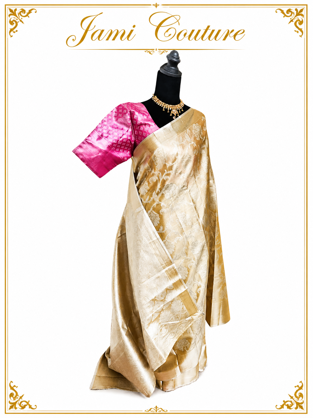 Gold Tissue Silk Saree with Floral Zari Weave | Pink Ikat Contrast Stitched Blouse