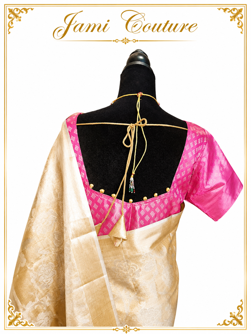 Gold Tissue Silk Saree with Floral Zari Weave | Pink Ikat Contrast Stitched Blouse