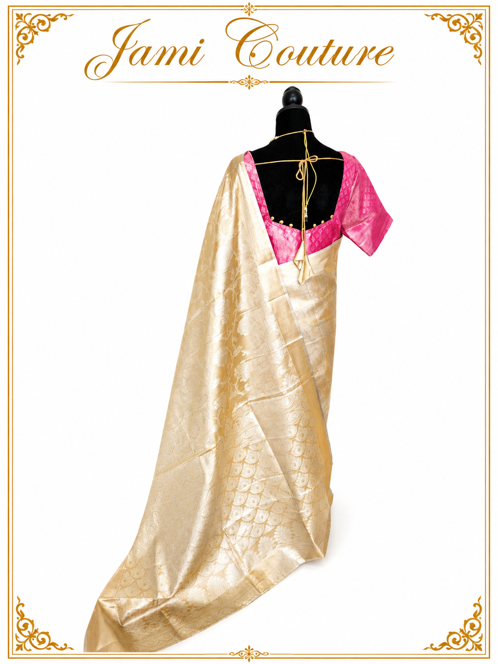 Gold Tissue Silk Saree with Floral Zari Weave | Pink Ikat Contrast Stitched Blouse